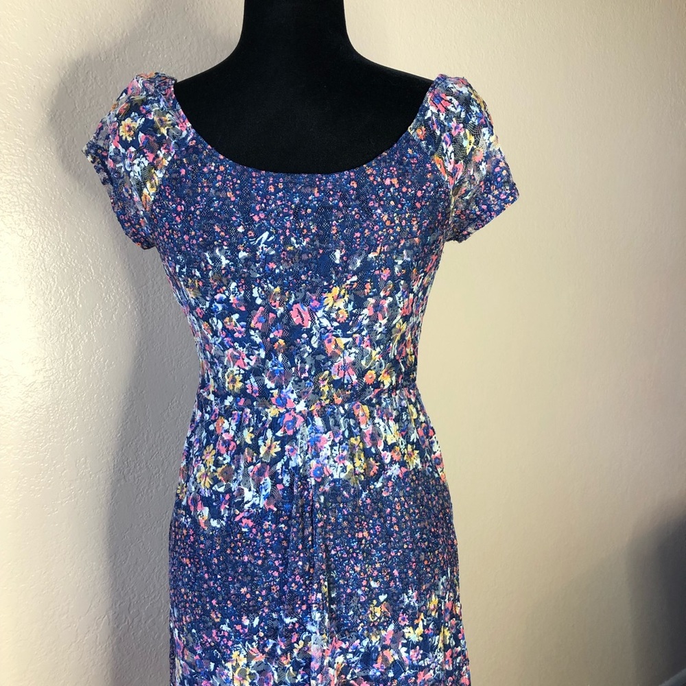 AUW Cap Sleeve Floral Print Dress Lined Size Small